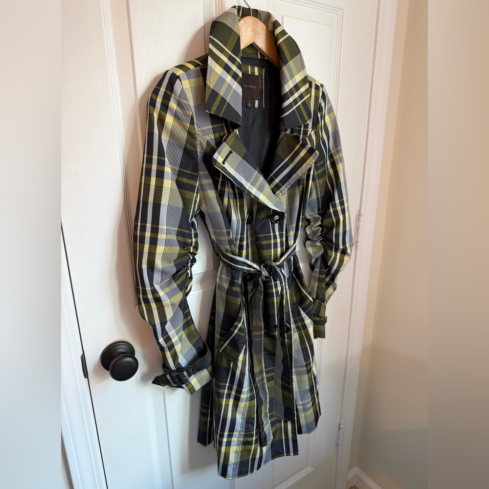 The Limited Fall Belted Plaid Trench Coat Buttons Mid-Thigh Length, Small